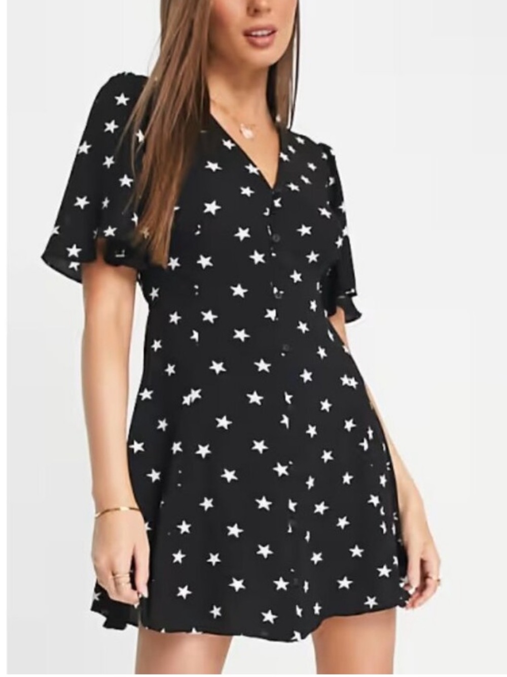 ASOS Black Button-Front Mini Dress with White Star Print and Tie Back size 14